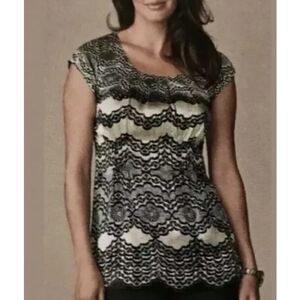 Cabi Silk Blouse Top Black Lace Overlay Elegant‎ Party Short Sleeve S